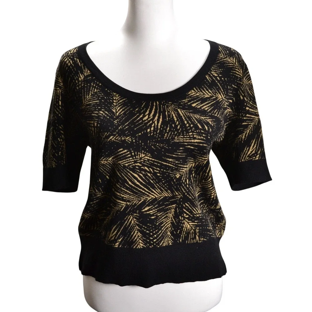 Michael Kors Womens XL Black Gold Palm Leaf Knit Short Sleeve Scoop Neck Sweater